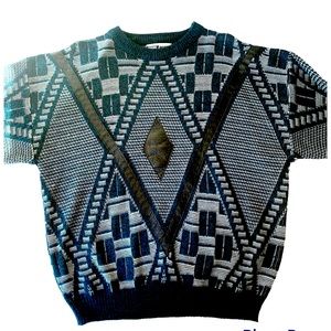 Urban Works Men’s Grandpa Sweater Vtg 90's Real Leather Trim Teal/White Sz L